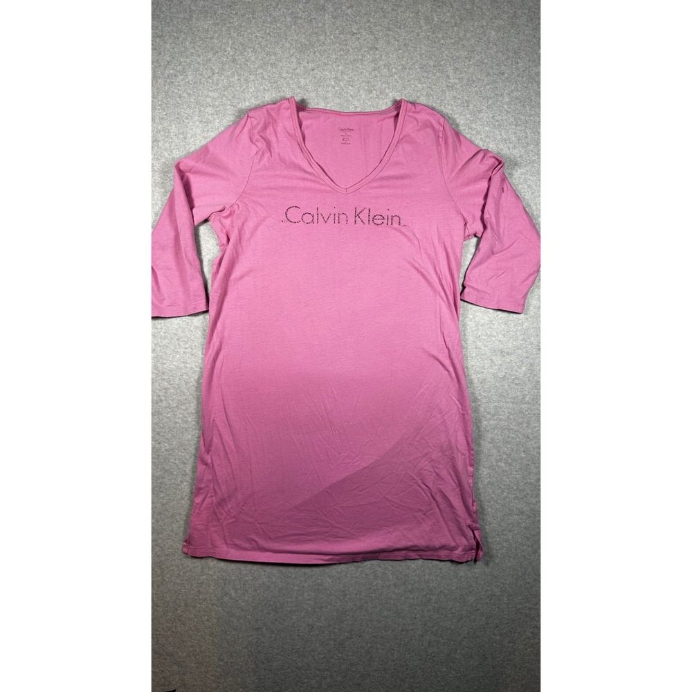 Calvin Klein Womens Pink V-Neck 3/4 Sleeve Logo Sleep Gown Nightgown Size Small
